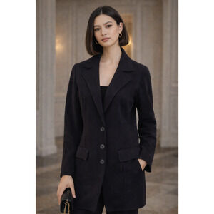 Anthropologie Womens Black Business Quiet Luxury Longline Button Blazer Size M